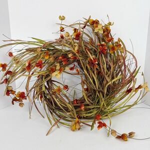 Rustic Fall Floral Grass Wreath 16" Artificial Orange Yellow Flowers Country